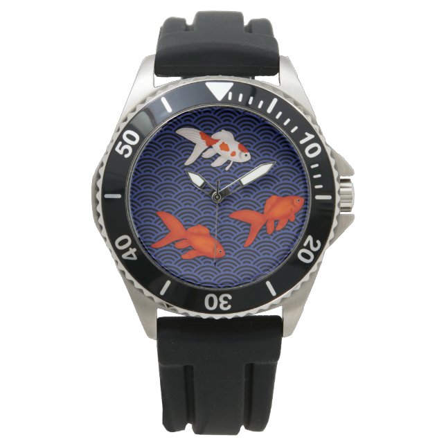 Fantail Goldfish on Seigaiha Wave Pattern Japanese Watch (Front)