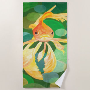 Fantail Goldfish With Green Bubbles Vector Beach Towel