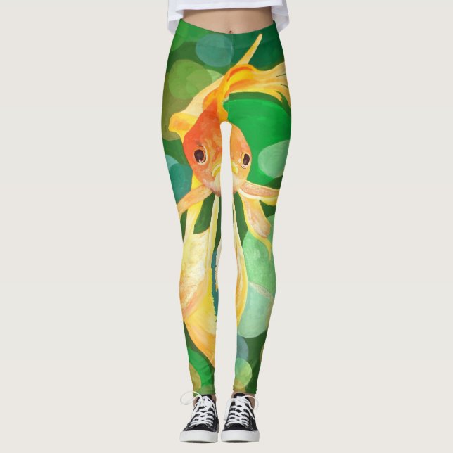 Fantail Goldfish With Green Bubbles Vector Leggings (Front)