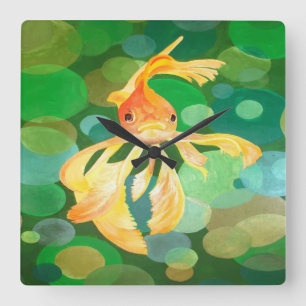 Fantail Goldfish With Green Bubbles Vector Square Wall Clock
