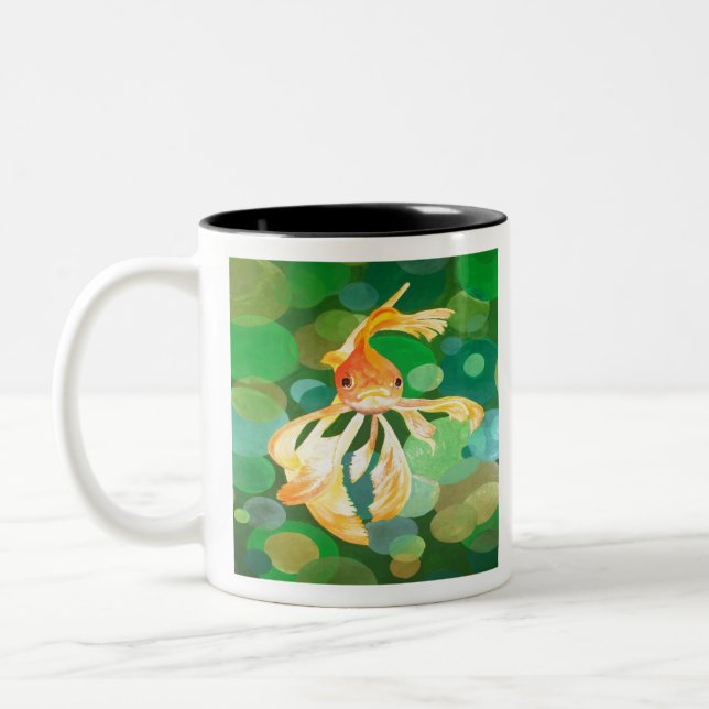 Fantail Goldfish With Green Bubbles Vector Two-Tone Coffee Mug (Left)