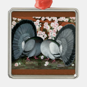 Fantail Pigeons Matched Pair Metal Ornament