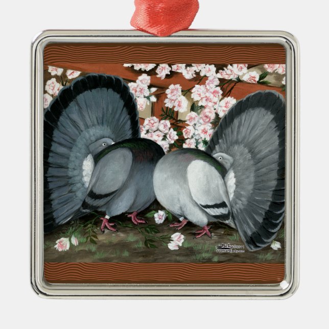 Fantail Pigeons Matched Pair Metal Ornament (Front)