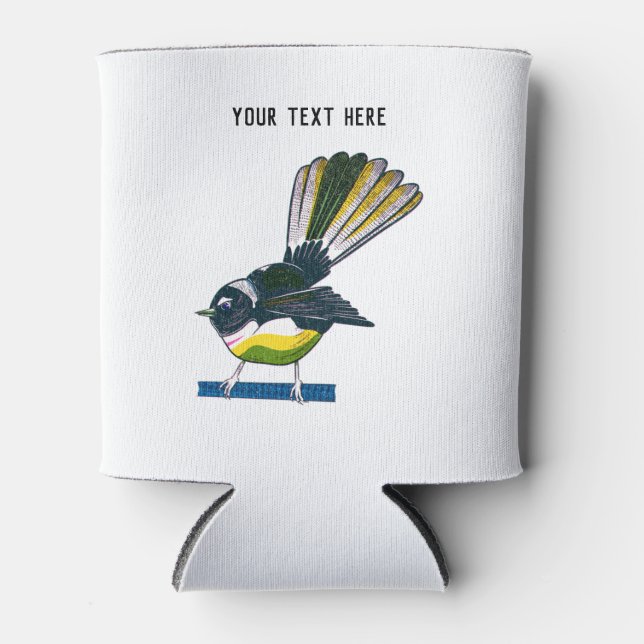 Fantail retro NZ bird print Can Cooler (Front)