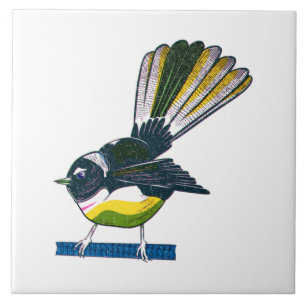 Fantail retro NZ bird print Tile