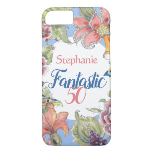 Fantastic 50 Tropical Floral Blue 50th Birthday Case-Mate iPhone Case