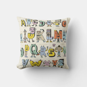 Fantastic Funny Alphabet. Wacky Doodle Letters Des Throw Pillow