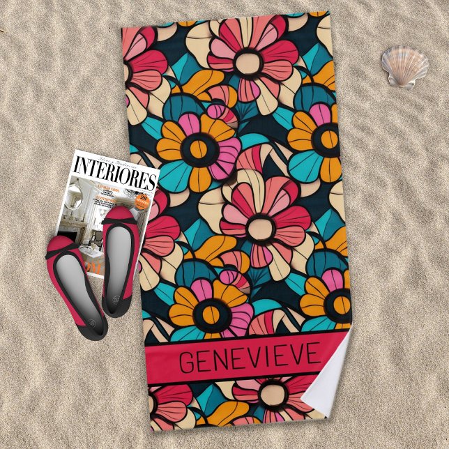 Fantastic Retro Floral Pattern in Berry & Orange Beach Towel (Creator Uploaded)