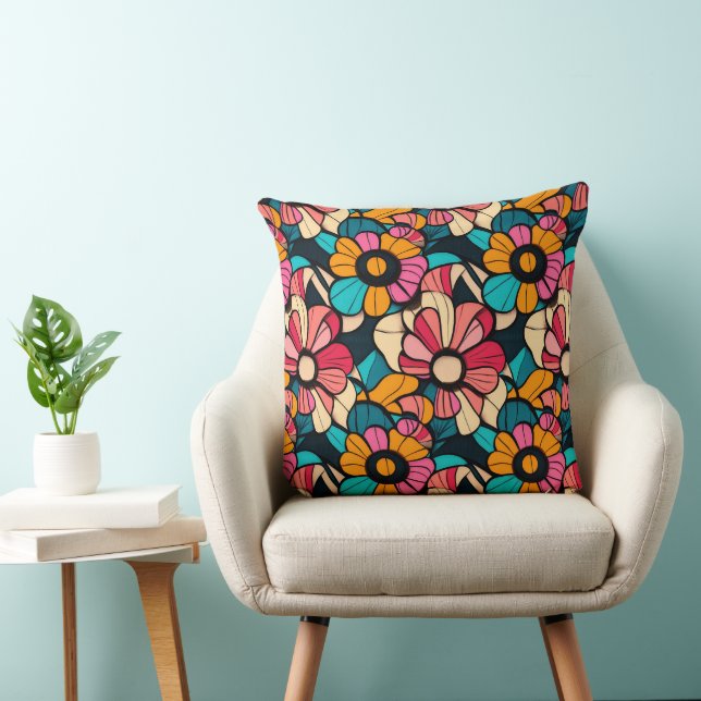 Fantastic Retro Floral Pattern in Berry & Orange Throw Pillow (Chair)