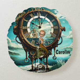 Fantastic steampunk sea clock round pillow
