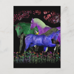Fantastical coloured horse design, black back postcard
