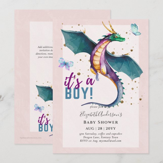 Fantastical DRAGON Themed Baby Boy Shower Reveal Invitation (Front/Back)