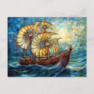 Fantastical Nautilus Ship in Swirling Ocean Postcard