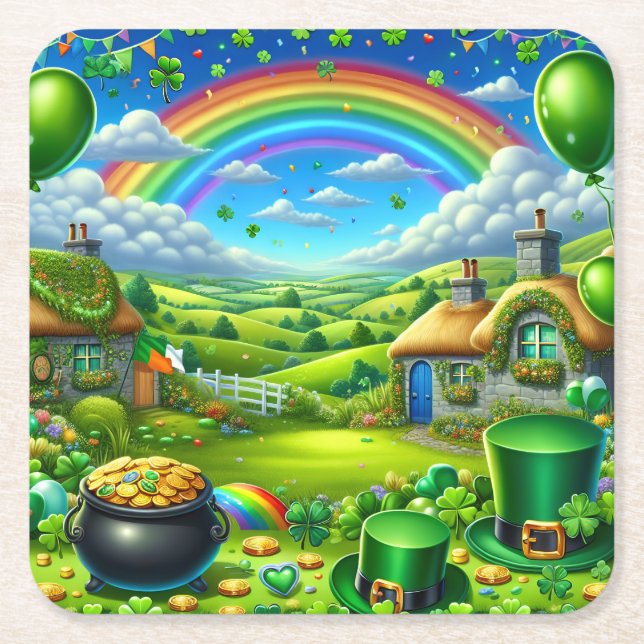 Fantastical St Patick's Day Landscape Party Square Paper Coaster (Front)
