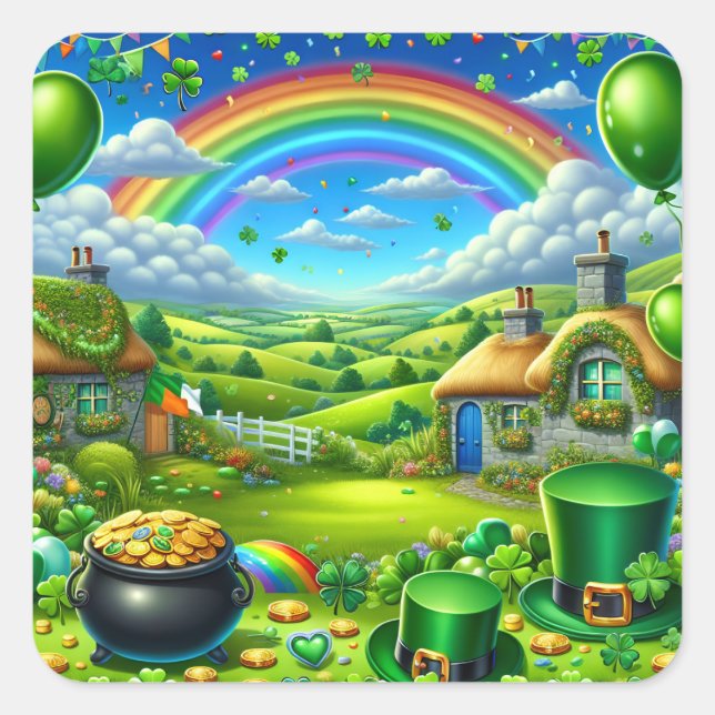 Fantastical St Patick's Day Landscape Party Square Sticker (Front)