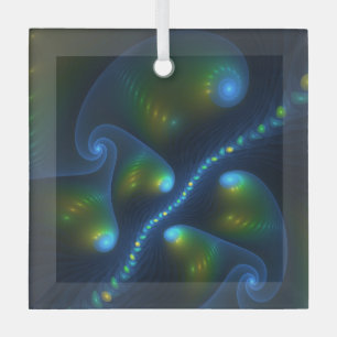 Fantasy Abstract Blue Green Yellow Fractal Art Glass Ornament