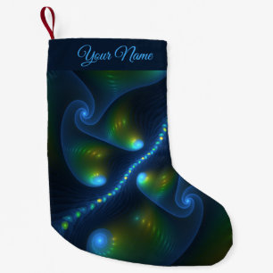 Fantasy Abstract Blue Green Yellow Fractal Name Small Christmas Stocking