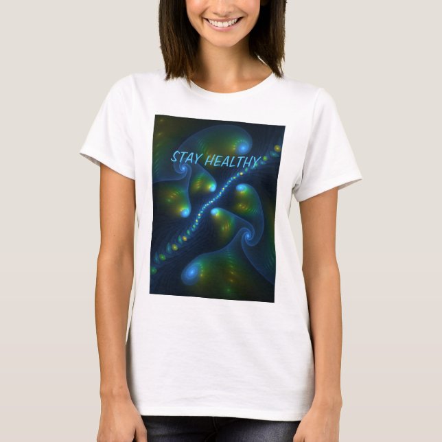 Fantasy Abstract Blue Green Yellow Fractal Text T-Shirt (Front)