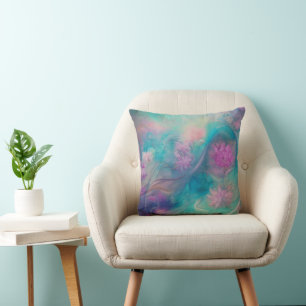 Fantasy Abstract Flowers In Pink And Aqua Wave  Throw Pillow