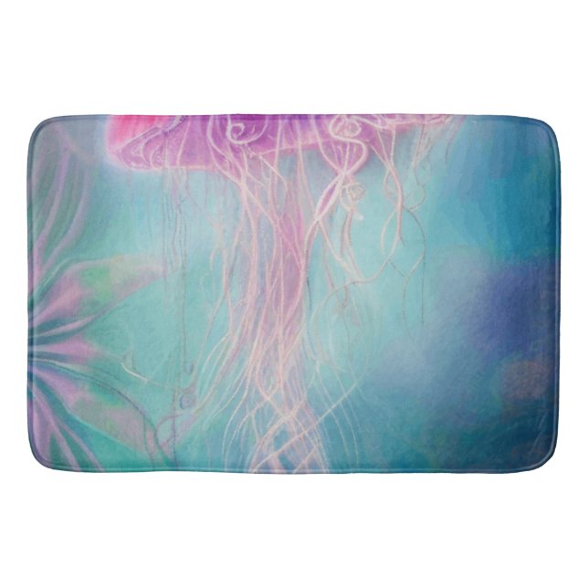 Fantasy Abstract Pink Jellyfish In The Ocean  Bath Mat (Front)