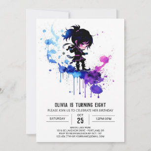 Fantasy Adorable Ninja Digital Girl Birthday Invitation