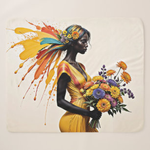 Fantasy African girl yellow blue beige bright art  Sherpa Blanket