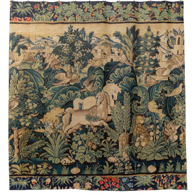 FANTASY ANIMALS,HORSES,WOODLAND Blue Green Floral  (Front)