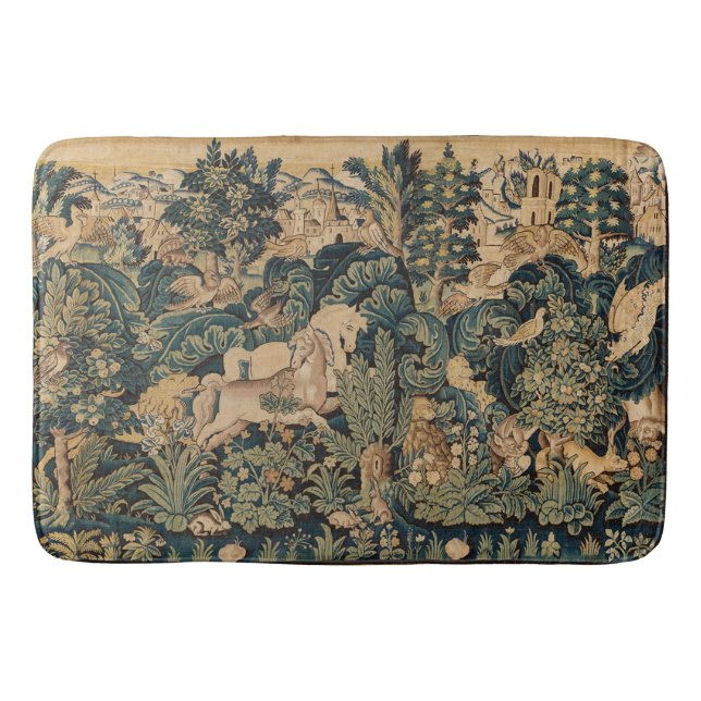 FANTASY ANIMALS,HORSES,WOODLAND Blue Green Floral  Bath Mat (Front)