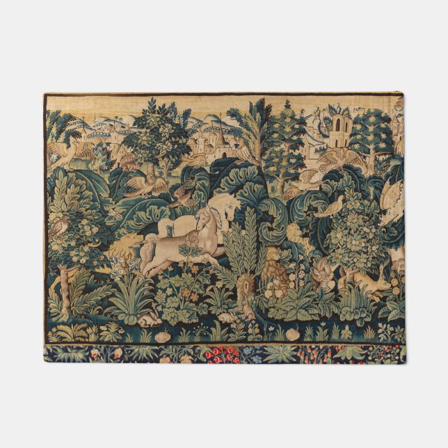 FANTASY ANIMALS,HORSES,WOODLAND Blue Green Floral  Doormat (Front)