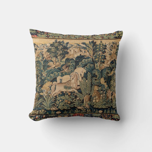 FANTASY ANIMALS,HORSES,WOODLAND Blue Green Floral  Throw Pillow (Front)