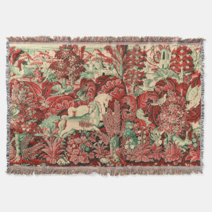 FANTASY ANIMALS,HORSES,WOODLAND Red Green Floral Throw Blanket