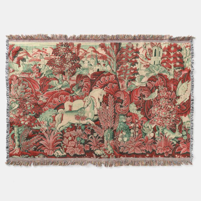 FANTASY ANIMALS,HORSES,WOODLAND Red Green Floral  Throw Blanket (Front)