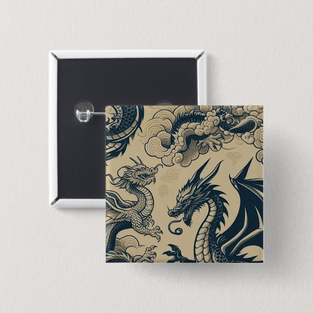 Fantasy Antiqued Dragons  2 Inch Square Button (Front & Back)