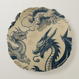 Fantasy Antiqued Dragons Round Pillow