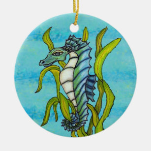 Fantasy Aqua Blue Sea Dragon Seahorse in Seaweed Ceramic Ornament