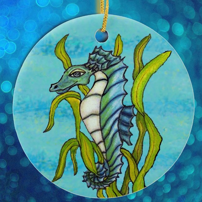 Fantasy Aqua Blue Sea Dragon Seahorse in Seaweed Ceramic Ornament (Fantasy aqua blue green seahorse in seaweed on blue hanging ornament.)