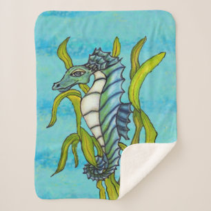 Fantasy Aqua Blue White Seahorse in Green Seaweed Sherpa Blanket