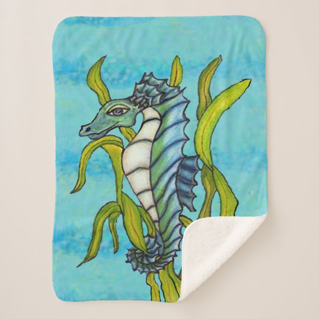 Fantasy Aqua Blue White Seahorse in Green Seaweed Sherpa Blanket (Front)