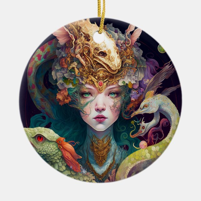 Fantasy Art Dragon Goddess Queen Ceramic Ornament (Front)