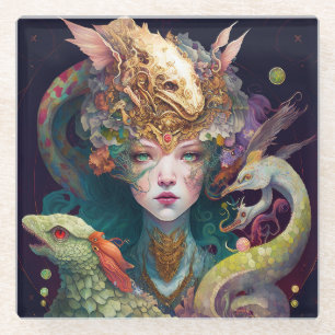 Fantasy Art Dragon Goddess Queen Glass Coaster