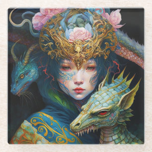 Fantasy Art Dragon Goddess Queen Glass Coaster