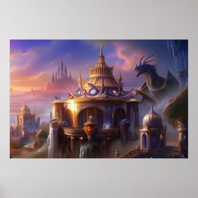 Fantasy Art Fairytale Castles Mystical Dragon  Poster (Front)