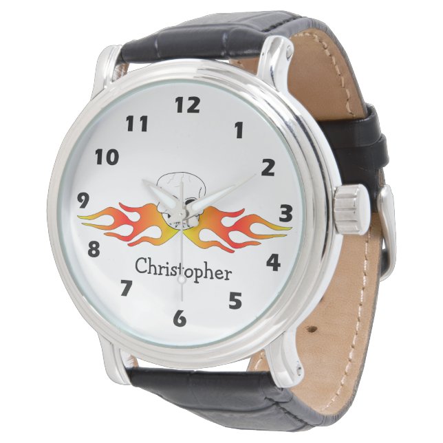 Fantasy Art Skull And Flames Design Personalised Watch (Angled)
