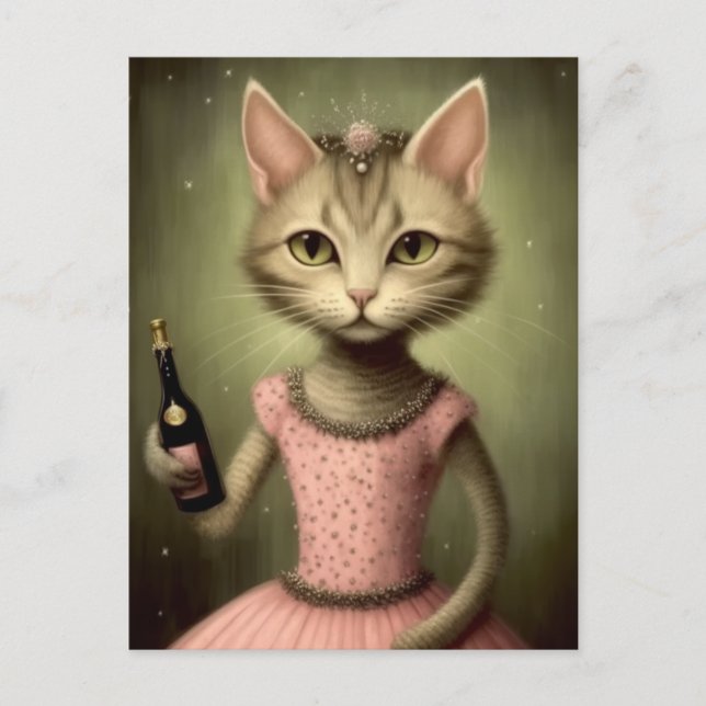 Fantasy Ballerina Cat Pink Champagne Postcard (Front)