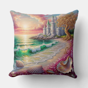 Fantasy Beach with Shells, Castle Throw Pillow
