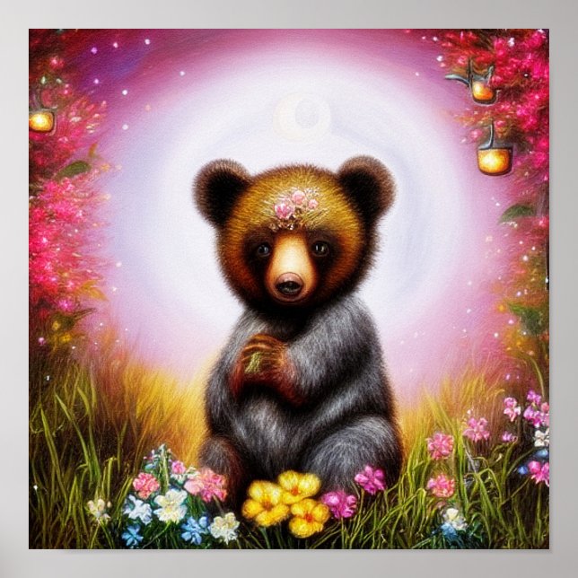 Fantasy bear cub and flowers   poster (Front)