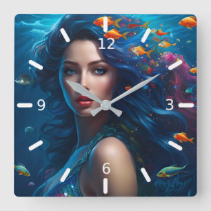Fantasy Beautiful Blue Mermaid Square Wall Clock