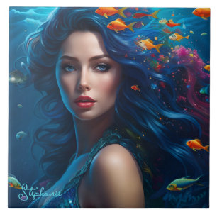 Fantasy Beautiful Blue Mermaid  Tile