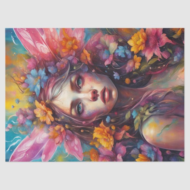 Fantasy Beautiful Colourful Flower Fairy Decoupage Tissue Paper (Front)