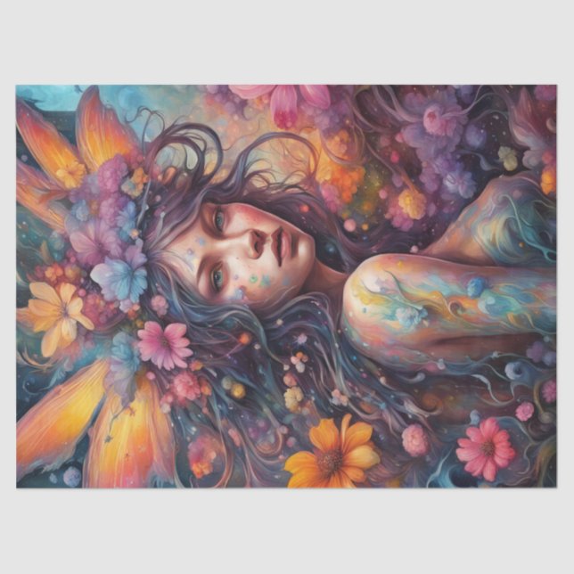 Fantasy Beautiful Colourful Flower Fairy Decoupage Tissue Paper (Front)